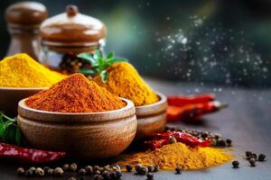 Brightly Colored Spices in Wooden Bowls on a Wooden Table With Scattered Dried Peppers and Herbs photo