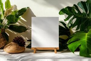 Flower Arrangement and Blank Canvas on Display in Bright Light Setting With Shadows. photo