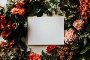 Vibrant Flowers Surround a Blank Canvas, Showcasing a Lovely Arrangement of Blooms and Greenery photo