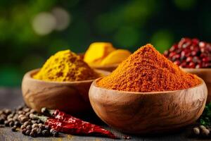 Brightly Colored Spices in Wooden Bowls on a Wooden Table With Scattered Dried Peppers and Herbs. photo