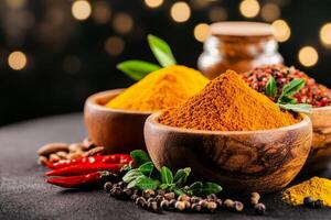 Colorful Spices Arranged in Wooden Bowls on a Dark Background for Culinary Inspiration. photo