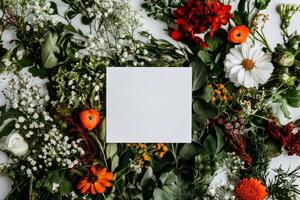 Vibrant Flowers Surround a Blank Canvas, Showcasing a Lovely Arrangement of Blooms and Greenery. photo
