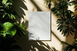 Sunlight Casts Shadows on a Blank Canvas Surrounded by Lush Green Plants Indoors photo