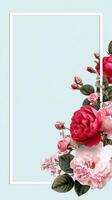Floral Arrangement With Pink and Red Roses on a Blue Background for Modern Decor. photo