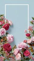 Floral Arrangement With Pink and Red Roses on a Blue Background for Modern Decor photo