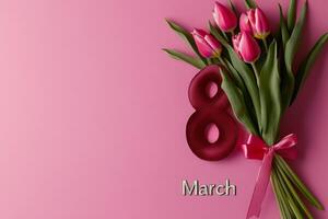 Bouquet of White Tulips With Green Number Eight and March Date on Pink Background. photo