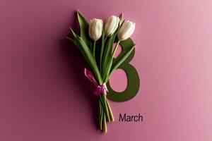 Bouquet of White Tulips With Green Number Eight and March Date on Pink Background photo