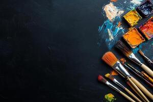 Assorted Paint Brushes and Vibrant Colors Arranged on a Dark Surface in an Artist Workspace photo
