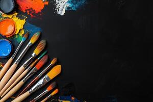 clasificado pintar cepillos y vibrante colores arreglado en un oscuro superficie en un artista espacio de trabajo foto