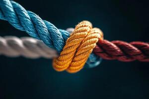 Various Colored Ropes Tied Together Creating a Strong Bond and Symbolizing Unity and Strength. photo