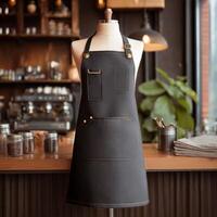 Black Apron Displayed in a Stylish a Kitchen Environment With Shelves and Utensils. photo