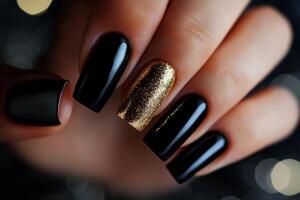 Elegant Black and Gold Nail Design With Glitter Details on Displayed Hand photo