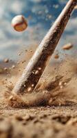 Close-up of Baseball Bat Striking Ball During Sunny Day at Sports Field. photo