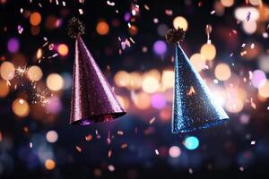 Colorful Party Hats With Confetti and Light Bokeh for Festive Celebration photo