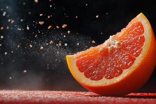 Slices of Pink Grapefruit Floating in the Air With Sparkling Droplets in a Dark Setting. photo