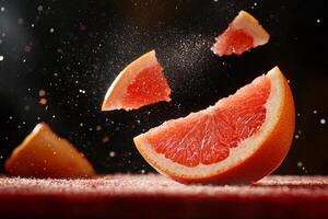 Fresh Grapefruit Slices Flying Through the Air With Sugar Dust in a Vibrant Kitchen Setting photo