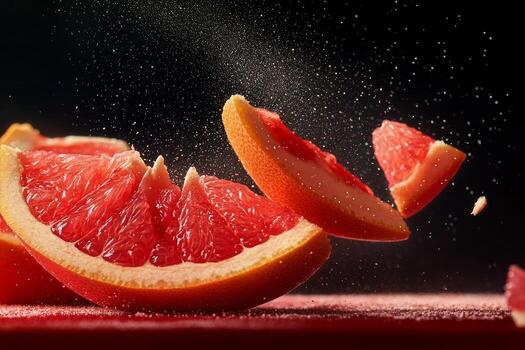Slices of Pink Grapefruit Floating in the Air With Sparkling Droplets in a Dark Setting photo