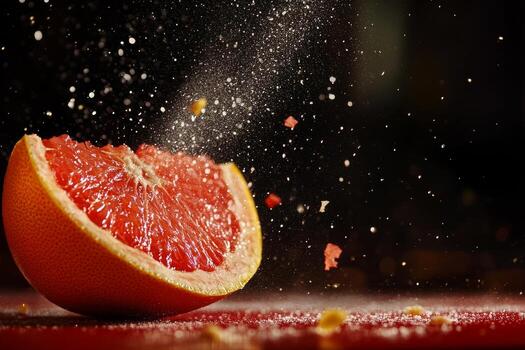 Fresh Grapefruit Slices Flying Through the Air With Sugar Dust in a Vibrant Kitchen Setting. photo