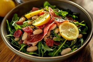 Fresh Arugula Salad With Lemon and Prosciutto on a Wooden Table. photo