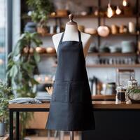 Black Apron Displayed in a Stylish Kitchen Environment With Shelves and Utensils. photo