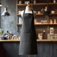 Black Apron Displayed in a Stylish Kitchen Environment With Shelves and Utensils photo