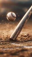 Baseball Bat Strikes Ball in Action on a Dusty Field During Sunset. photo