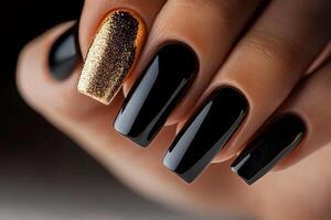 Elegant Black and Gold Nail Design With a Glitter Details on Displayed Hand. photo