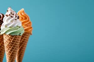 Enjoying a Variety of Ice Cream Cones in Different Flavors Against a Pastel Background. photo