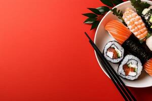 Delicious Sushi Rolls Served in a Bowl on a Vibrant Background. photo