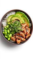 Bowl of Rice With Chicken, Avocado, and Edamame Arranged Artfully for a Nutritious Meal. photo