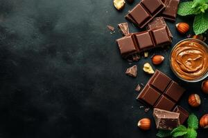 Delicious Chocolate Assembly With Nuts and Creamy Spread on Dark Background. photo