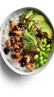 Healthy Rice Bowl With Chicken, Avocado, Edamame, and Sesame Seeds for a Nutritious Meal. photo