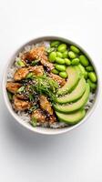 Bowl of Rice With Chicken, Avocado, and Edamame Arranged Artfully for a Nutritious Meal photo