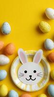 Creative Easter Bunny Plate With Colorful Eggs on Bright Yellow Background. photo