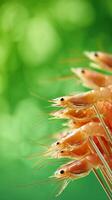Fresh Shrimp Arranged on Skewers, Showcasing Vibrant Colors and Delicate Features Against a Green Backdrop photo