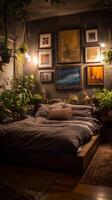 Cozy Bedroom With Warm Lighting and Lush Greenery Creates a Tranquil Retreat at Night photo