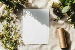 Crafting With Flowers and Twine on a Textured Fabric Background Ready for Creative Projects. photo