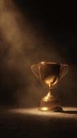 Golden Trophy on a Dark Background Illuminated by Dramatic Light photo