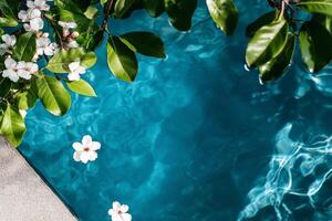 Tranquil Poolside View With Blooming Flowers and Vibrant Blue Water During Daylight photo