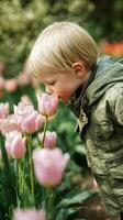 Child Enjoys Smelling Pink Tulips in a Vibrant Garden During Springtime photo