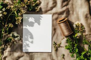 Crafting Invitations With Blank Stationery and Natural Elements at a Creative Workspace. photo