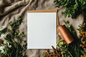 Crafting Invitations With Blank Stationery and Natural Elements at a Creative Workspace photo