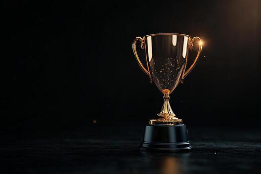 Golden Trophy Shining Brightly Against Dark Background With Sparkles and Bokeh Effects. photo