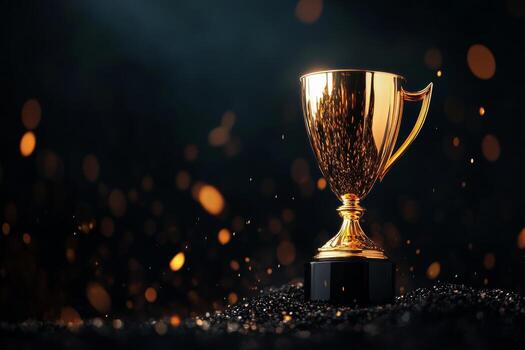 Golden Trophy Shining Brightly Against Dark Background With Sparkles and Bokeh Effects photo