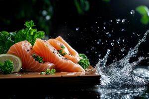 Fresh Salmon Fillets Splashing in Water With Mint Leaves in a Dark Setting. photo