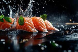 Fresh Salmon Fillets Splashing in Water With Mint Leaves in a Dark Setting photo