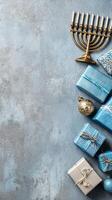 Celebrating Hanukkah With Traditional Menorah, Decorative Gifts, and Festive Ornaments on Blue Background. photo