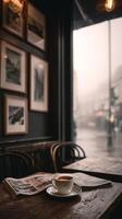 Cozy Cafe Interior With Coffee on Table During Rainy Day in Urban Setting photo