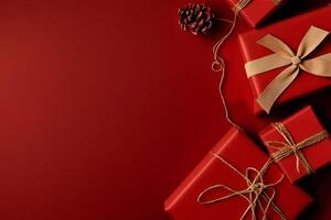 Holiday Gift Boxes Arranged on a Red Background With Decorative Elements for a Festive Celebrations. photo