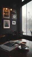 Cozy Cafe Interior With Coffee on Table During Rainy Day in Urban Setting. photo